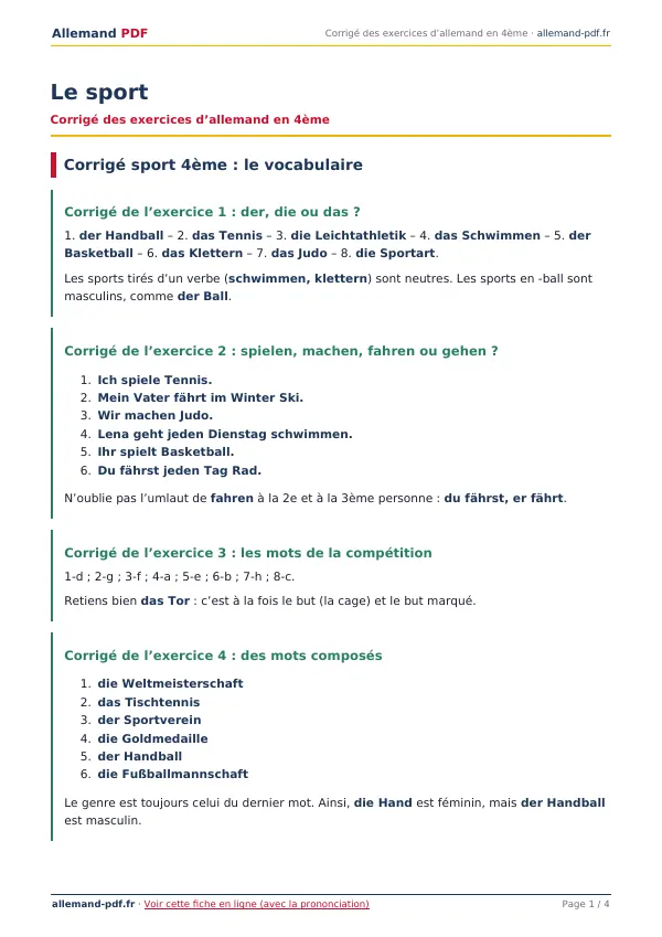Corrigé « Le sport » en PDF