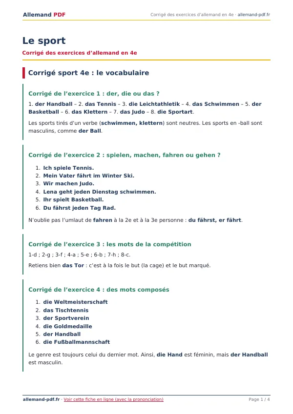 Corrigé « Le sport » en PDF