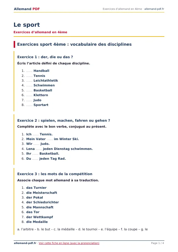 Exercices « Le sport » en PDF