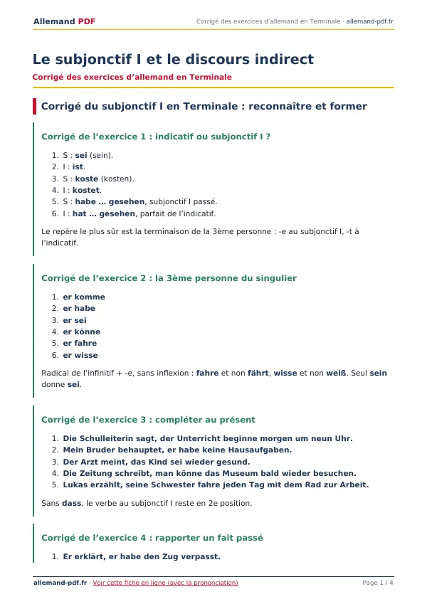 Corrigé « Le subjonctif I et le discours indirect » en PDF