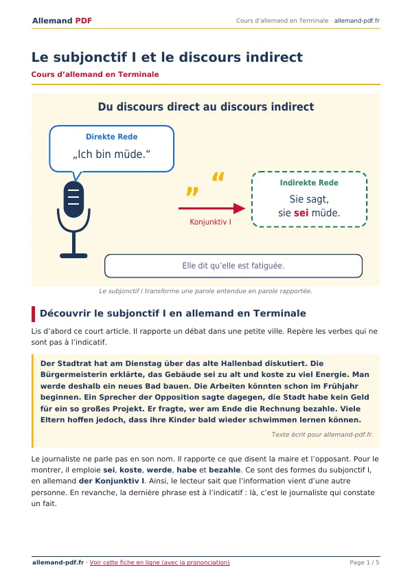 Cours « Le subjonctif I et le discours indirect » en PDF