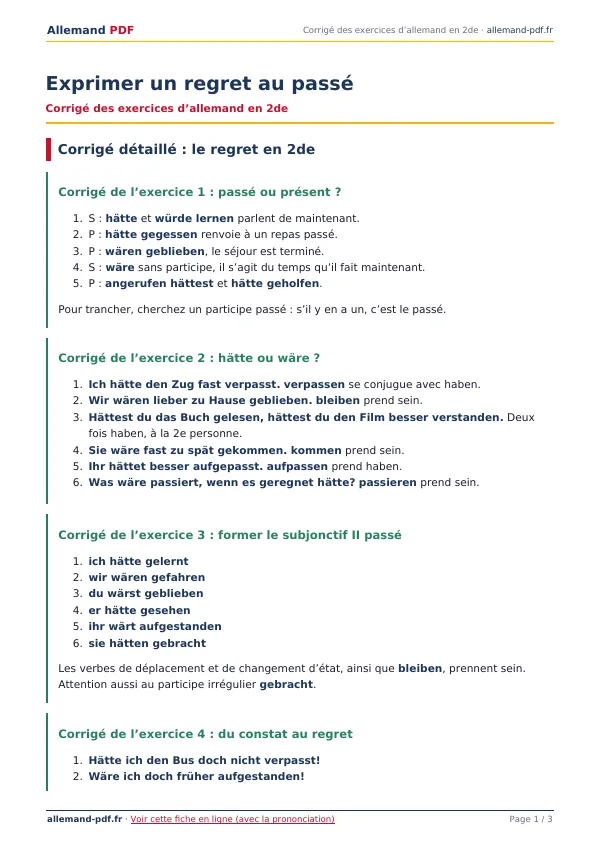 Corrigé « Exprimer un regret au passé » en PDF