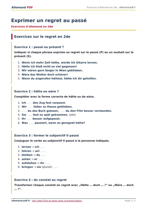 Exercices « Exprimer un regret au passé » en PDF