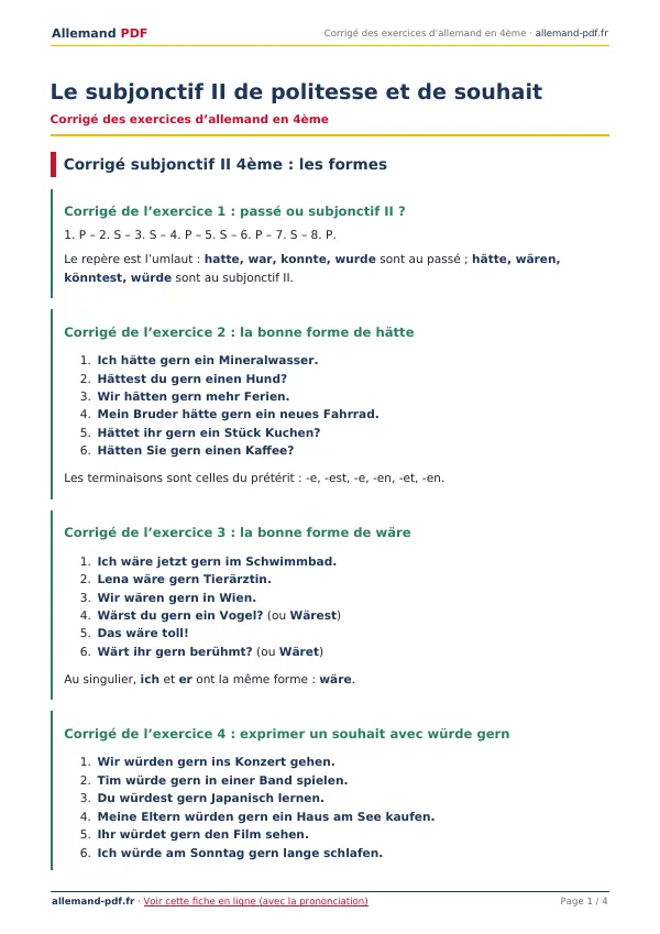 Corrigé « Le subjonctif II de politesse et de souhait » en PDF