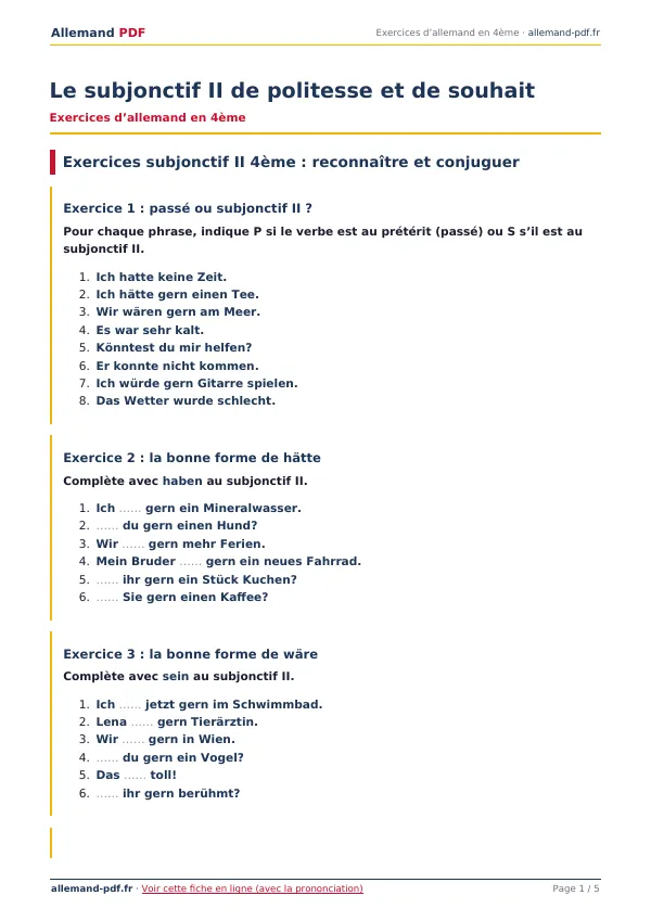 Exercices « Le subjonctif II de politesse et de souhait » en PDF