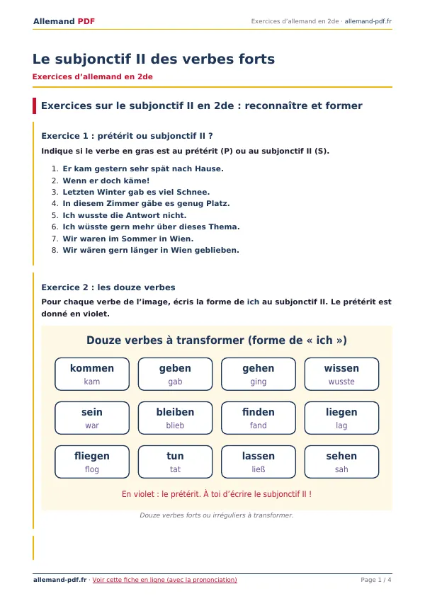 Exercices « Le subjonctif II des verbes forts » en PDF