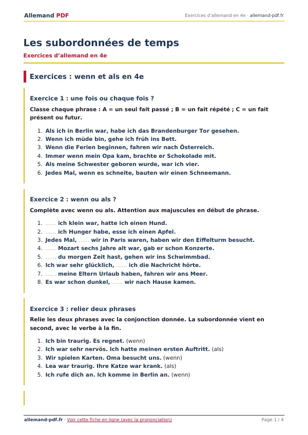 Exercices « Les subordonnées de temps » en PDF