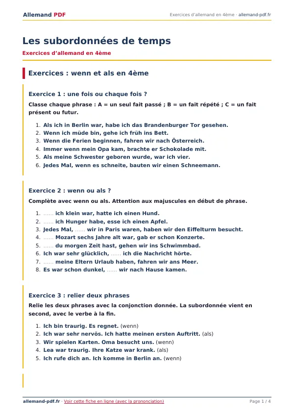 Exercices « Les subordonnées de temps » en PDF