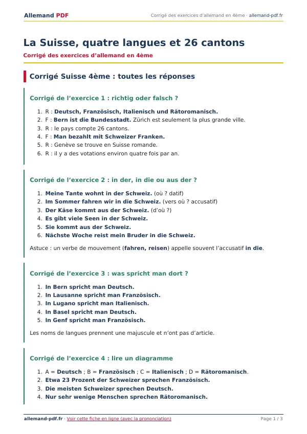 Corrigé « La Suisse, quatre langues et 26 cantons » en PDF