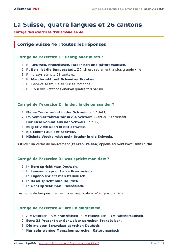 Corrigé « La Suisse, quatre langues et 26 cantons » en PDF
