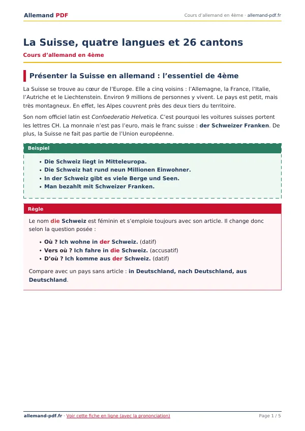 Cours « La Suisse, quatre langues et 26 cantons » en PDF