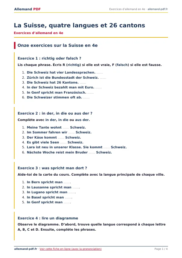 Exercices « La Suisse, quatre langues et 26 cantons » en PDF