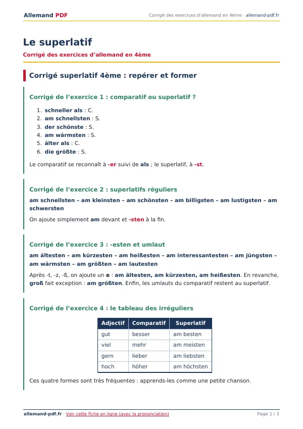 Corrigé « Le superlatif » en PDF