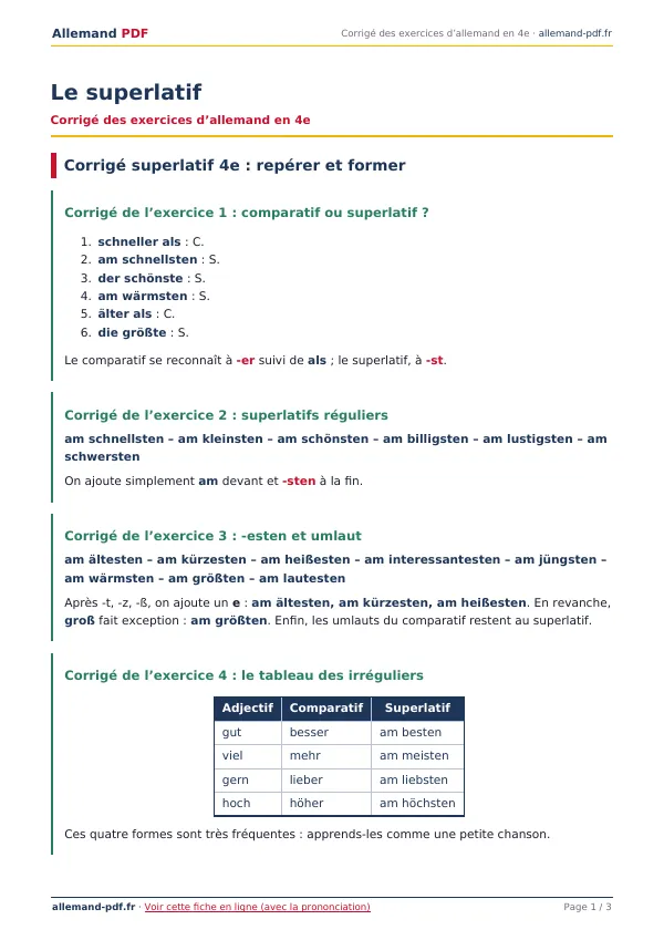 Corrigé « Le superlatif » en PDF