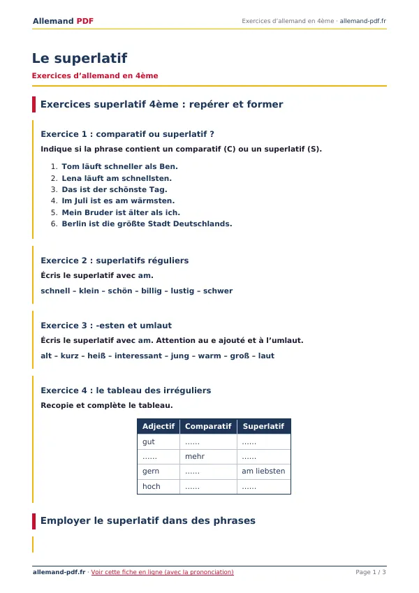 Exercices « Le superlatif » en PDF