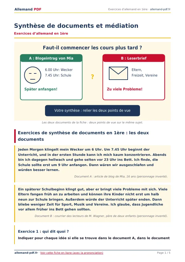 Exercices « Synthèse de documents et médiation » en PDF