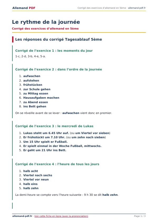 Corrigé « Le rythme de la journée » en PDF