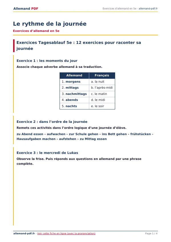 Exercices « Le rythme de la journée » en PDF