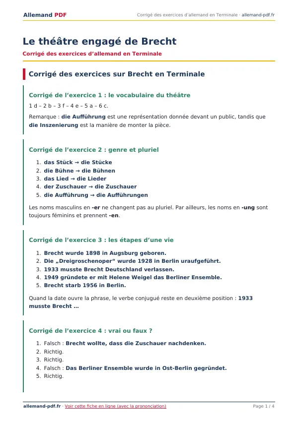 Corrigé « Le théâtre engagé de Brecht » en PDF