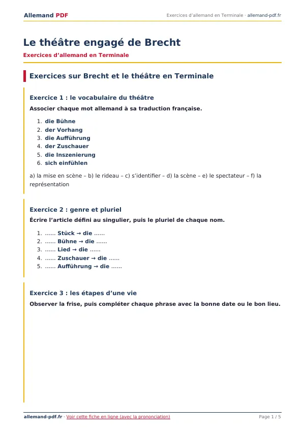 Exercices « Le théâtre engagé de Brecht » en PDF