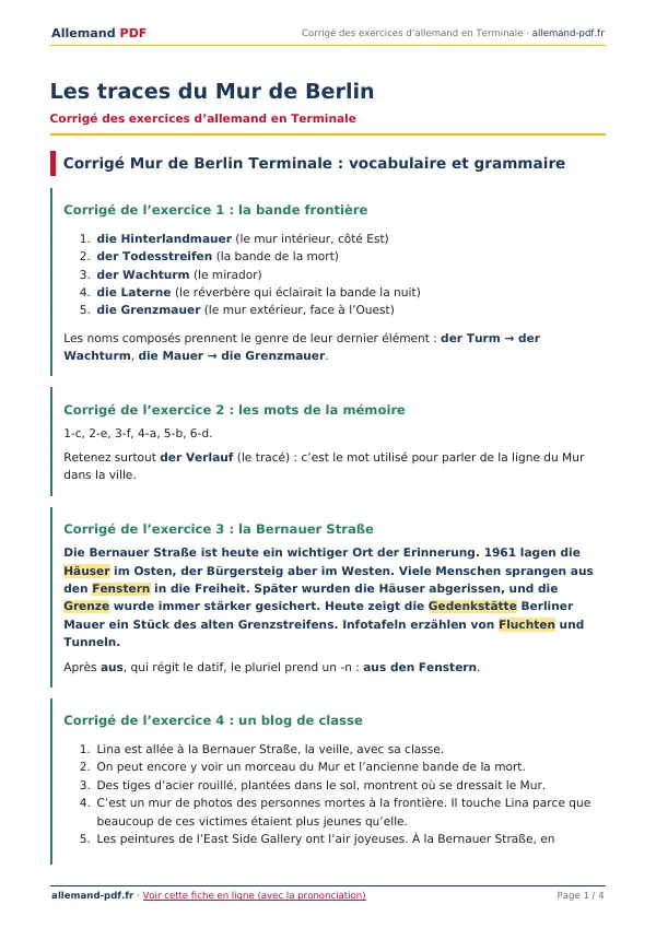 Corrigé « Les traces du Mur de Berlin » en PDF