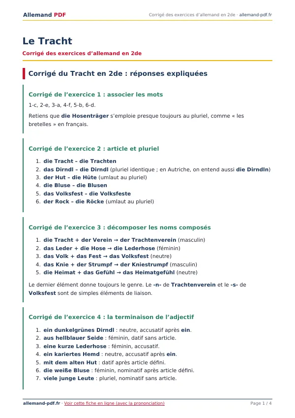 Corrigé « Le Tracht » en PDF