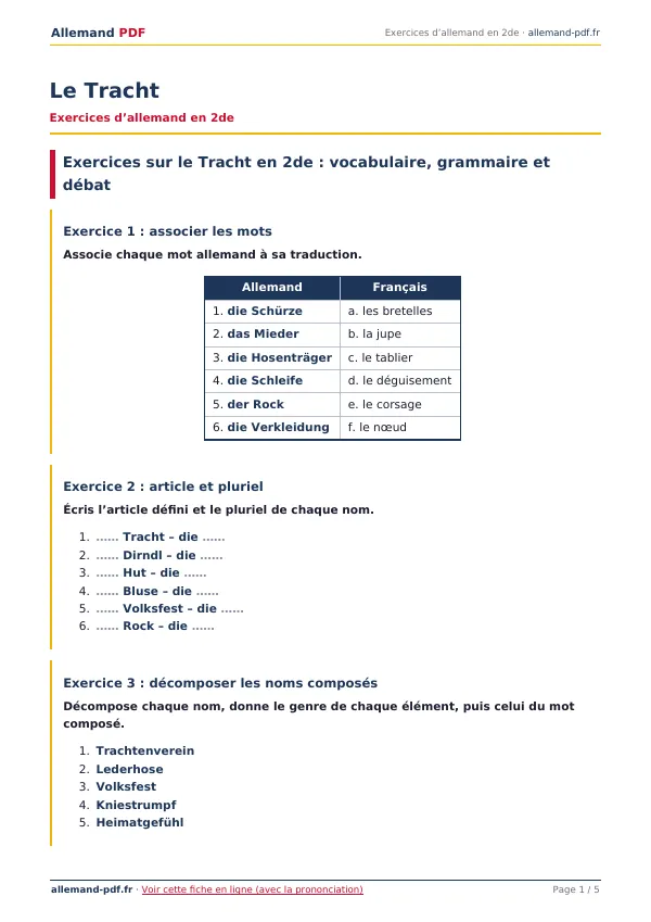 Exercices « Le Tracht » en PDF