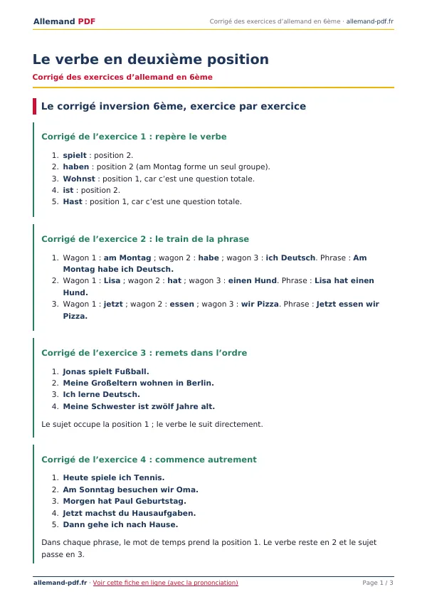 Corrigé « Le verbe en deuxième position » en PDF