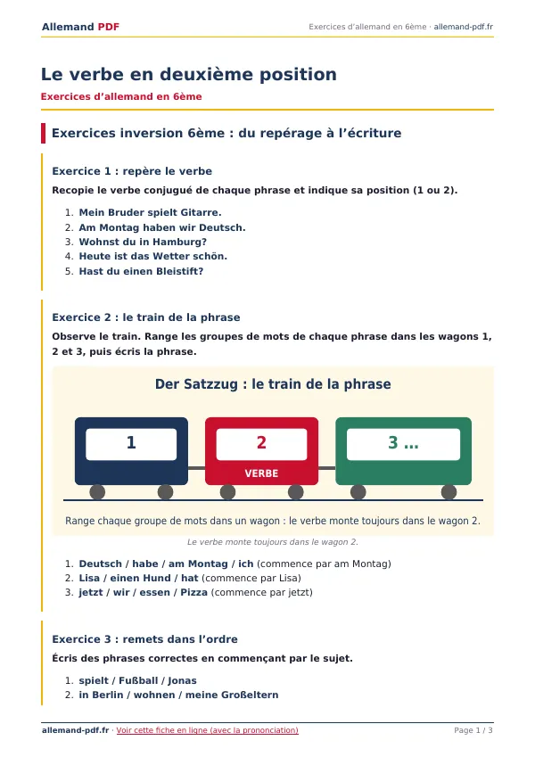 Exercices « Le verbe en deuxième position » en PDF
