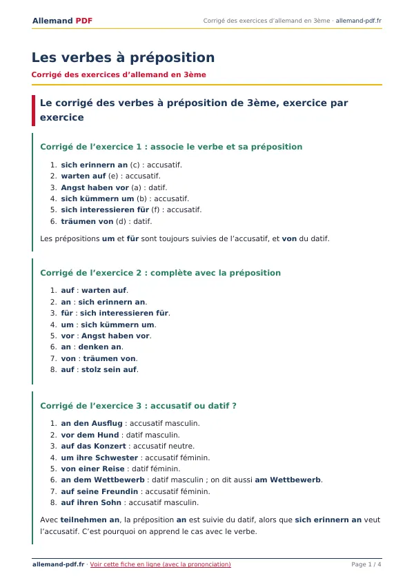Corrigé « Les verbes à préposition » en PDF