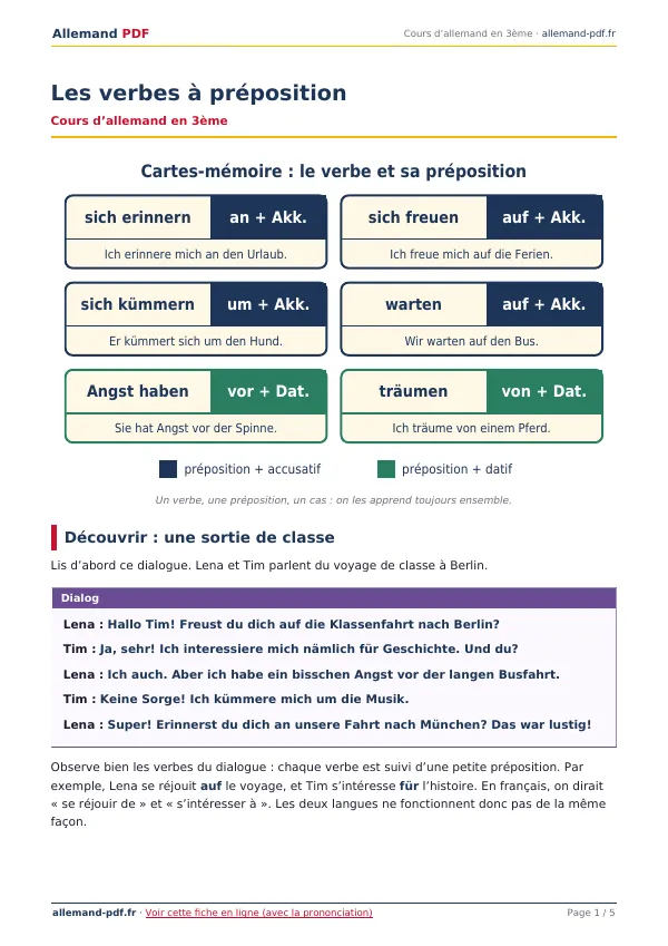 Cours « Les verbes à préposition » en PDF