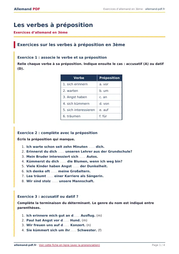 Exercices « Les verbes à préposition » en PDF