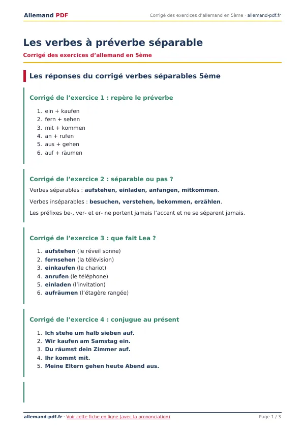 Corrigé « Les verbes à préverbe séparable » en PDF