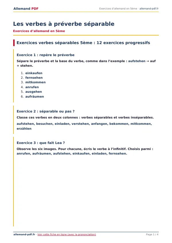 Exercices « Les verbes à préverbe séparable » en PDF