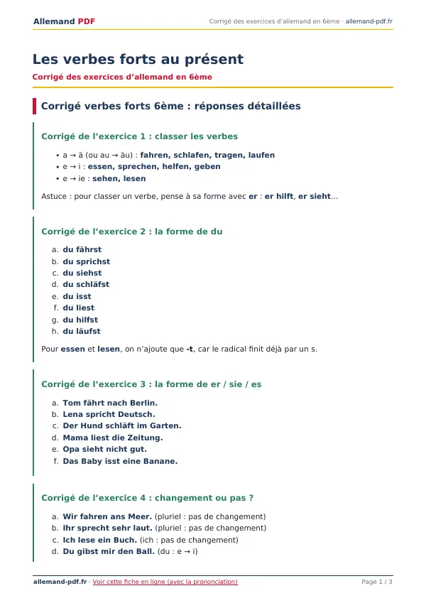 Corrigé « Les verbes forts au présent » en PDF