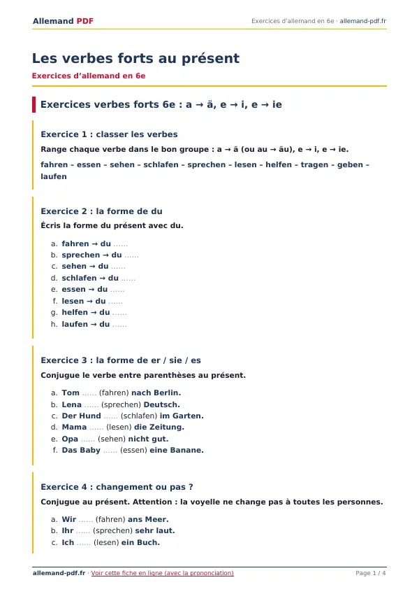 Exercices « Les verbes forts au présent » en PDF