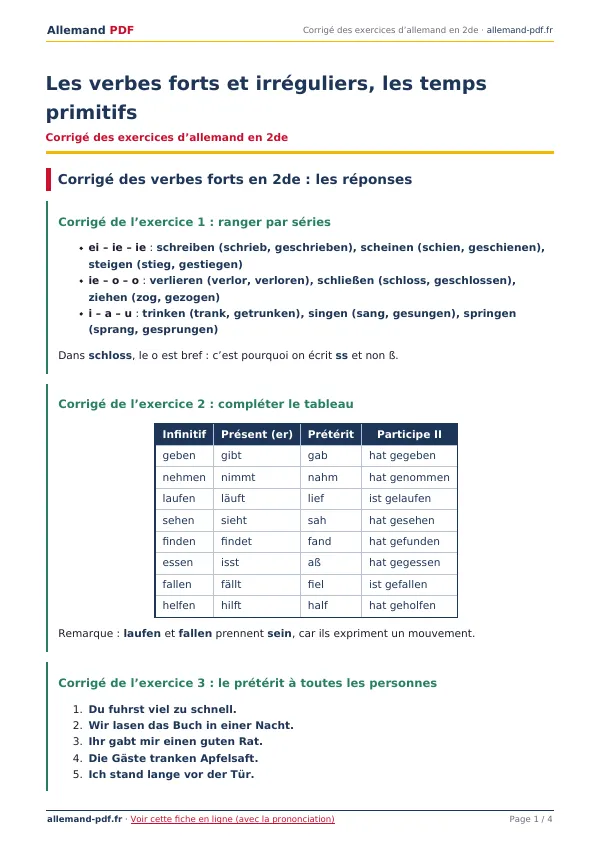Corrigé « Les verbes forts et irréguliers, les temps primitifs » en PDF
