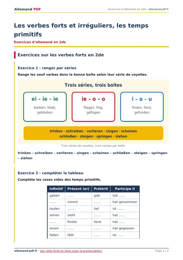 Exercices « Les verbes forts et irréguliers, les temps primitifs » en PDF