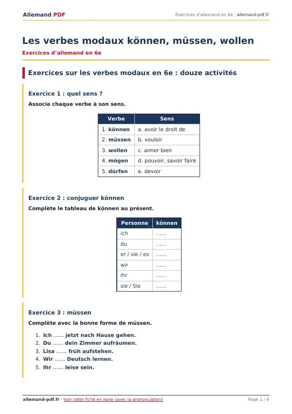 Exercices « Les verbes modaux können, müssen, wollen » en PDF