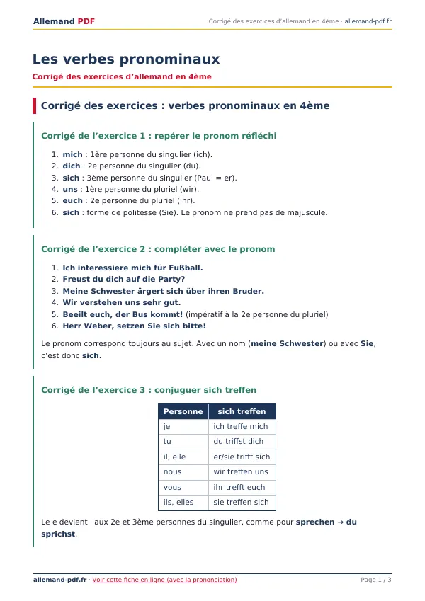 Corrigé « Les verbes pronominaux » en PDF