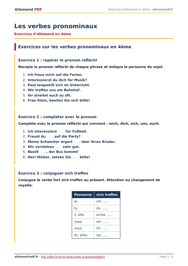 Exercices « Les verbes pronominaux » en PDF