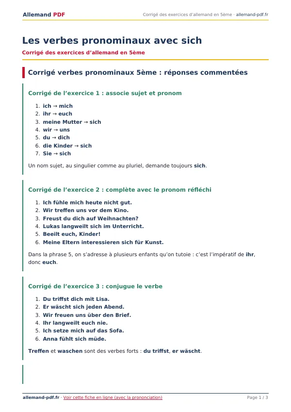 Corrigé « Les verbes pronominaux avec sich » en PDF
