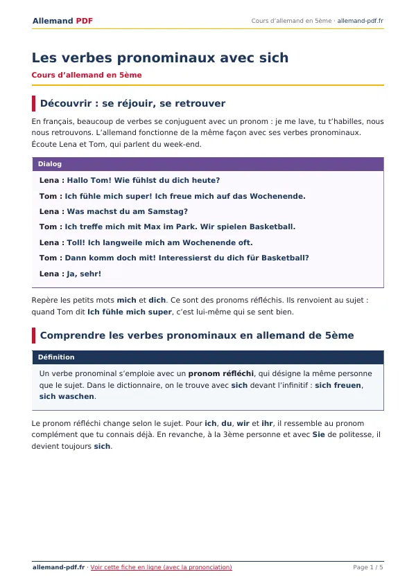 Cours « Les verbes pronominaux avec sich » en PDF