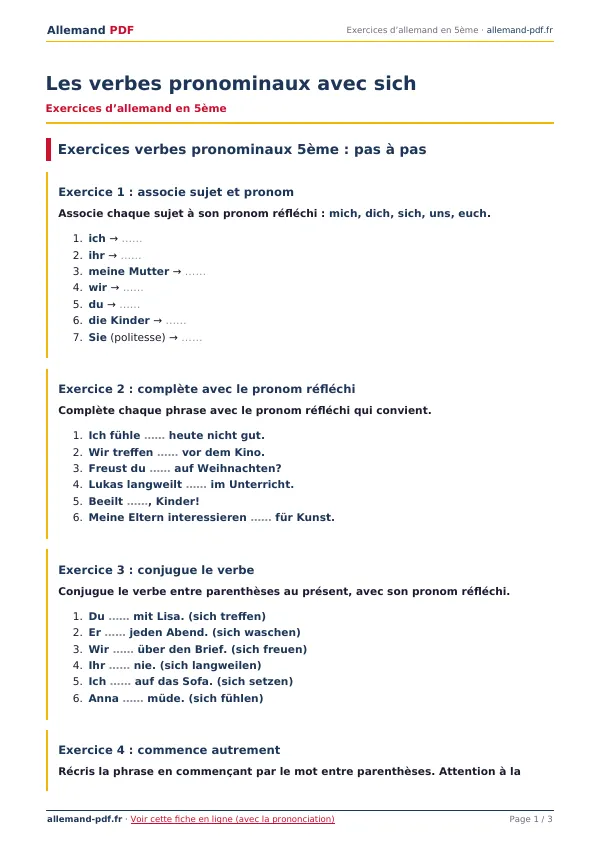 Exercices « Les verbes pronominaux avec sich » en PDF