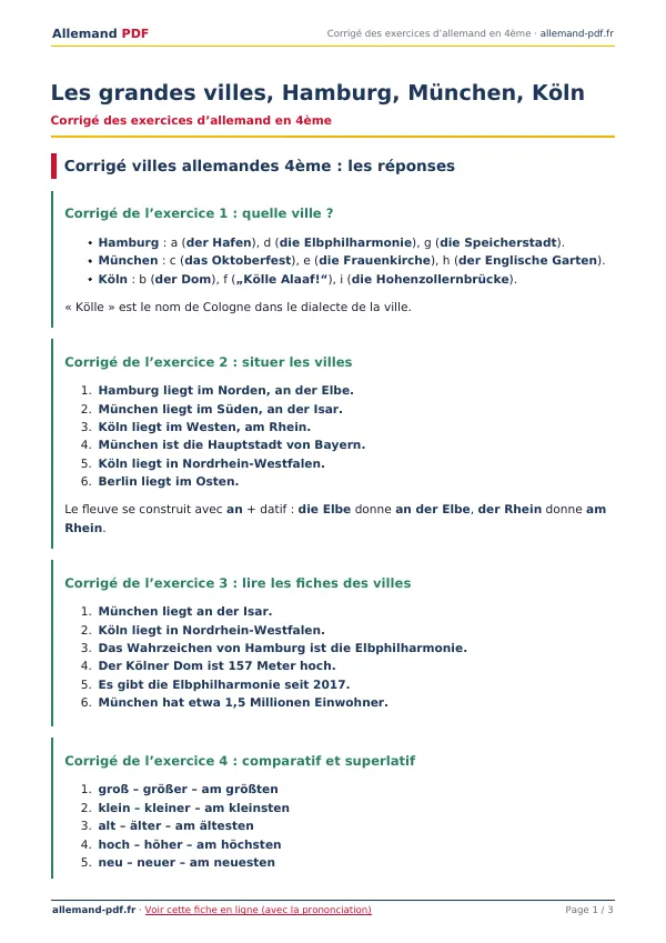 Corrigé « Les grandes villes, Hamburg, München, Köln » en PDF