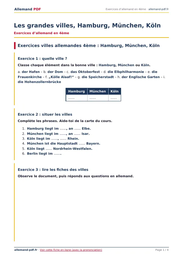 Exercices « Les grandes villes, Hamburg, München, Köln » en PDF
