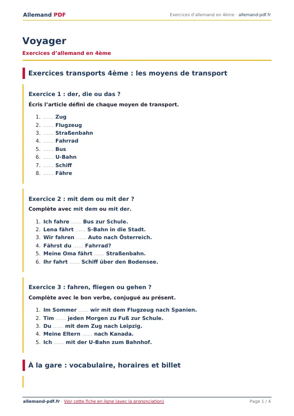 Exercices « Voyager » en PDF
