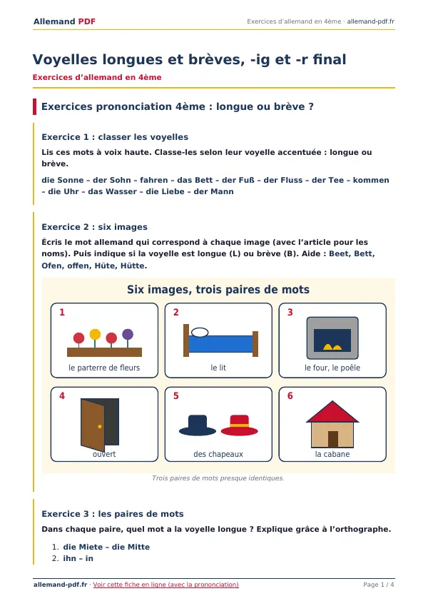 Exercices « Voyelles longues et brèves, -ig et -r final » en PDF