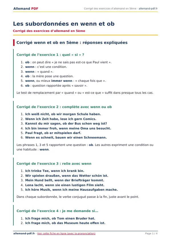 Corrigé « Les subordonnées en wenn et ob » en PDF