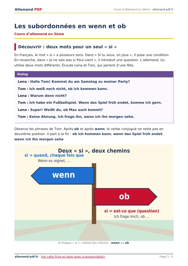 Cours « Les subordonnées en wenn et ob » en PDF